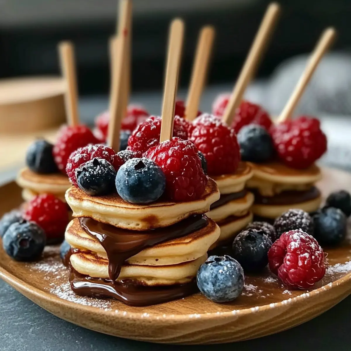 Mini Pfannkuchen Spieße mit Beeren und Nutella
